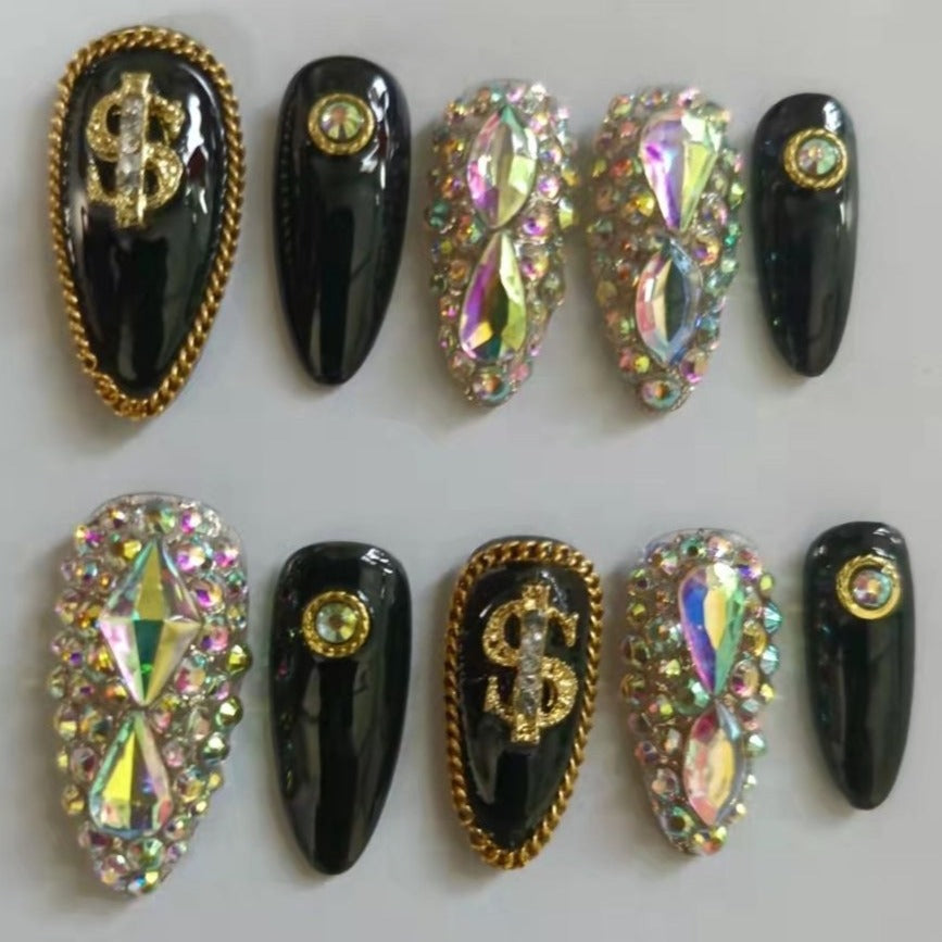 Designer: PinPin 1223.Handmade nails Press on Nails DIY Nail Art for woman girl Short rhinestone Almond