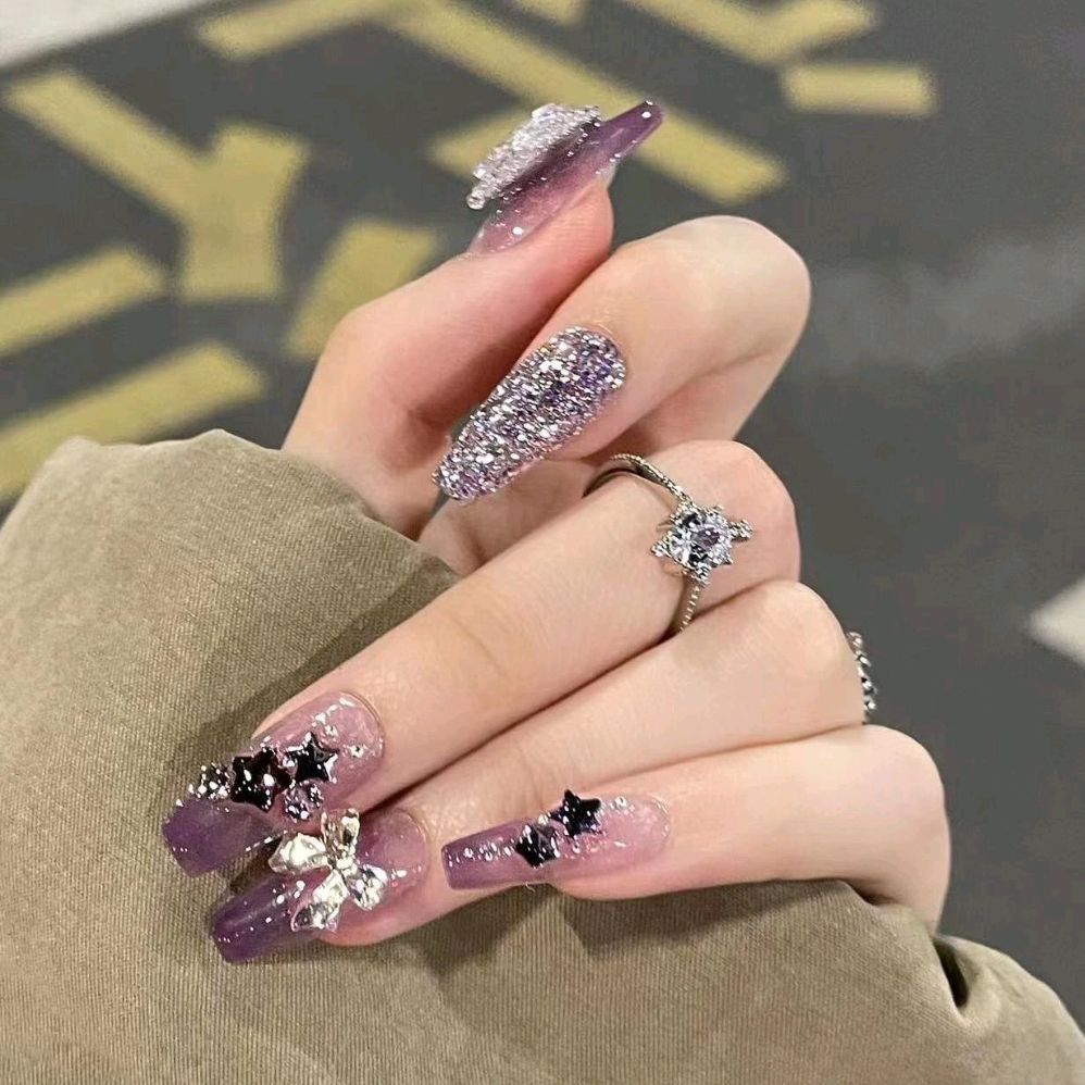 Designer: DuoDuo 3004.Handmade nails Press on Nails DIY Nail Art for woman girl Long Coffin wedding purple