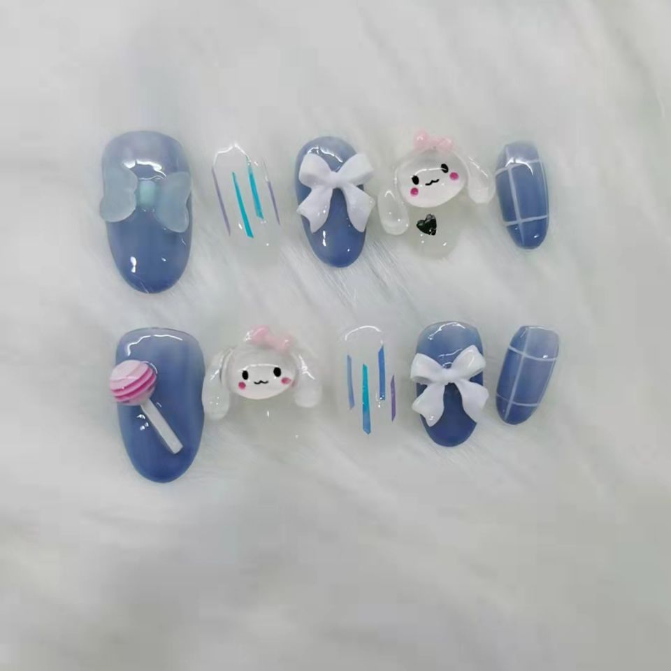 Designer: PinPin 1236.Handmade nails Press on Nails DIY Nail Art for woman girl child Short Almond Cartoon blue