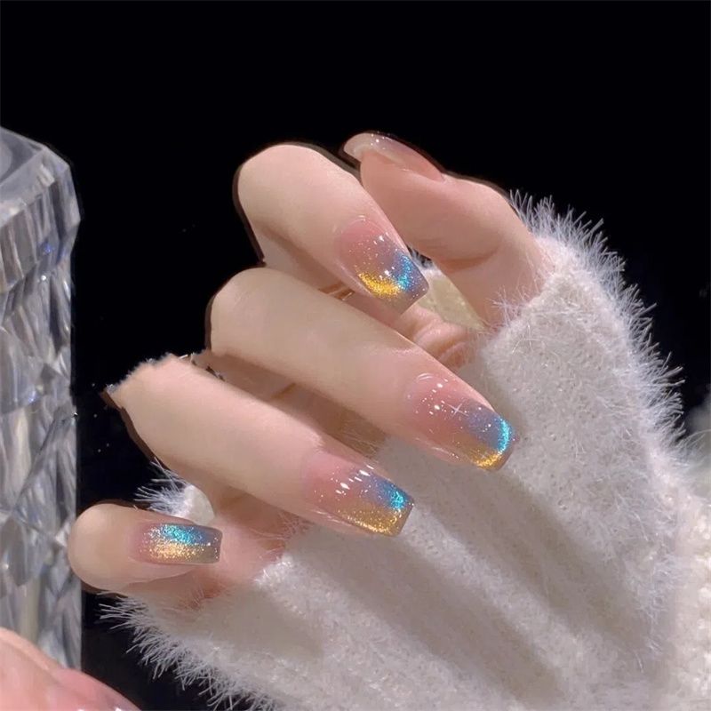 Designer: DuoDuo 1201.Handmade nails Press on Nails DIY Nail Art for woman girl French Cat Eyes Long Coffin pink colorful