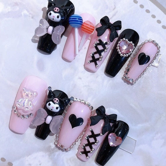 Designer: PinPin 1014.Handmade nails Press on Nails DIY Nail Art for woman girl Long Coffin pink black Cartoon