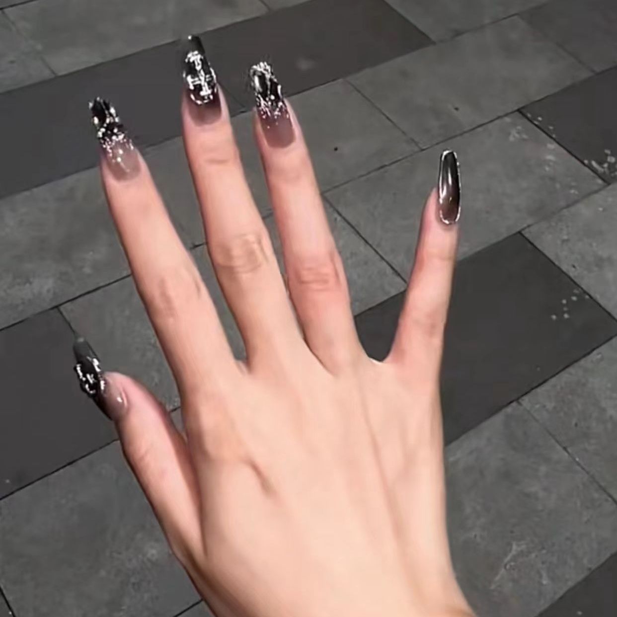 Designer: DuoDuo 2043.Handmade nails Press on Nails DIY Nail Art for woman girl Long Coffin black