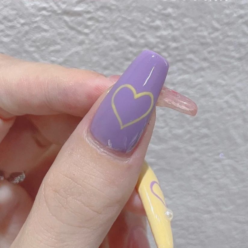 Designer: DuoDuo 2017.Handmade nails Press on Nails DIY Nail Art for woman girl Long Coffin purple yellow