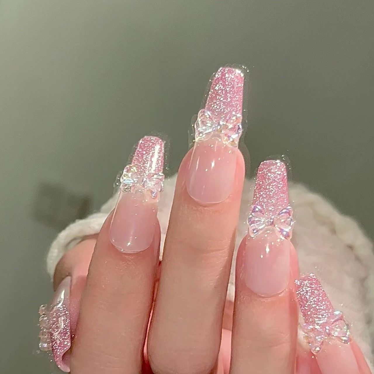 Designer: DuoDuo 1121.Handmade nails Press on Nails DIY Nail Art for woman girl French Long Coffin pink Shining