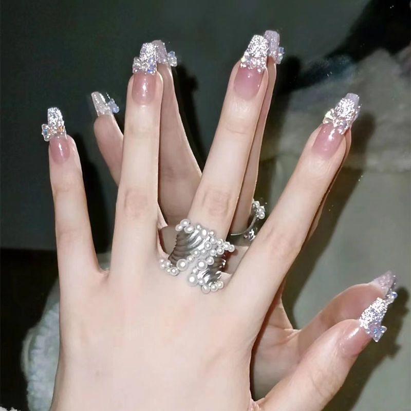 Designer: DuoDuo 1210.Handmade nails Press on Nails DIY Nail Art for woman girl French Shining Long Coffin pink