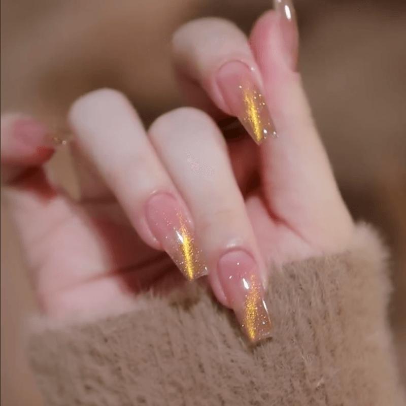 Designer: DuoDuo 1204.Handmade nails Press on Nails DIY Nail Art for woman girl French Cat Eyes Long Coffin gold pink