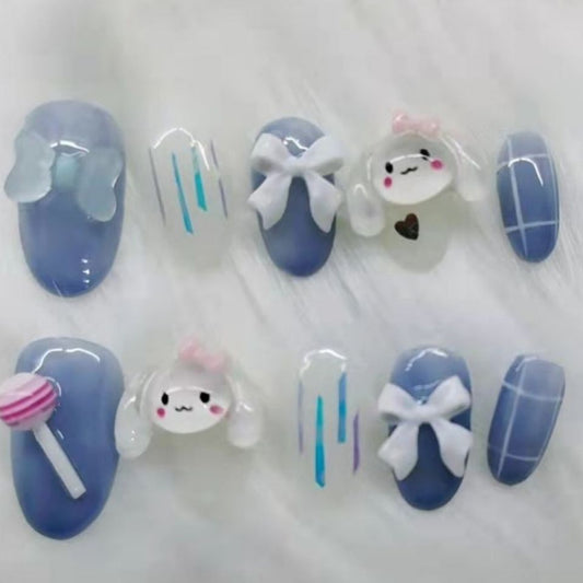 Designer: PinPin 1236.Handmade nails Press on Nails DIY Nail Art for woman girl child Short Almond Cartoon blue