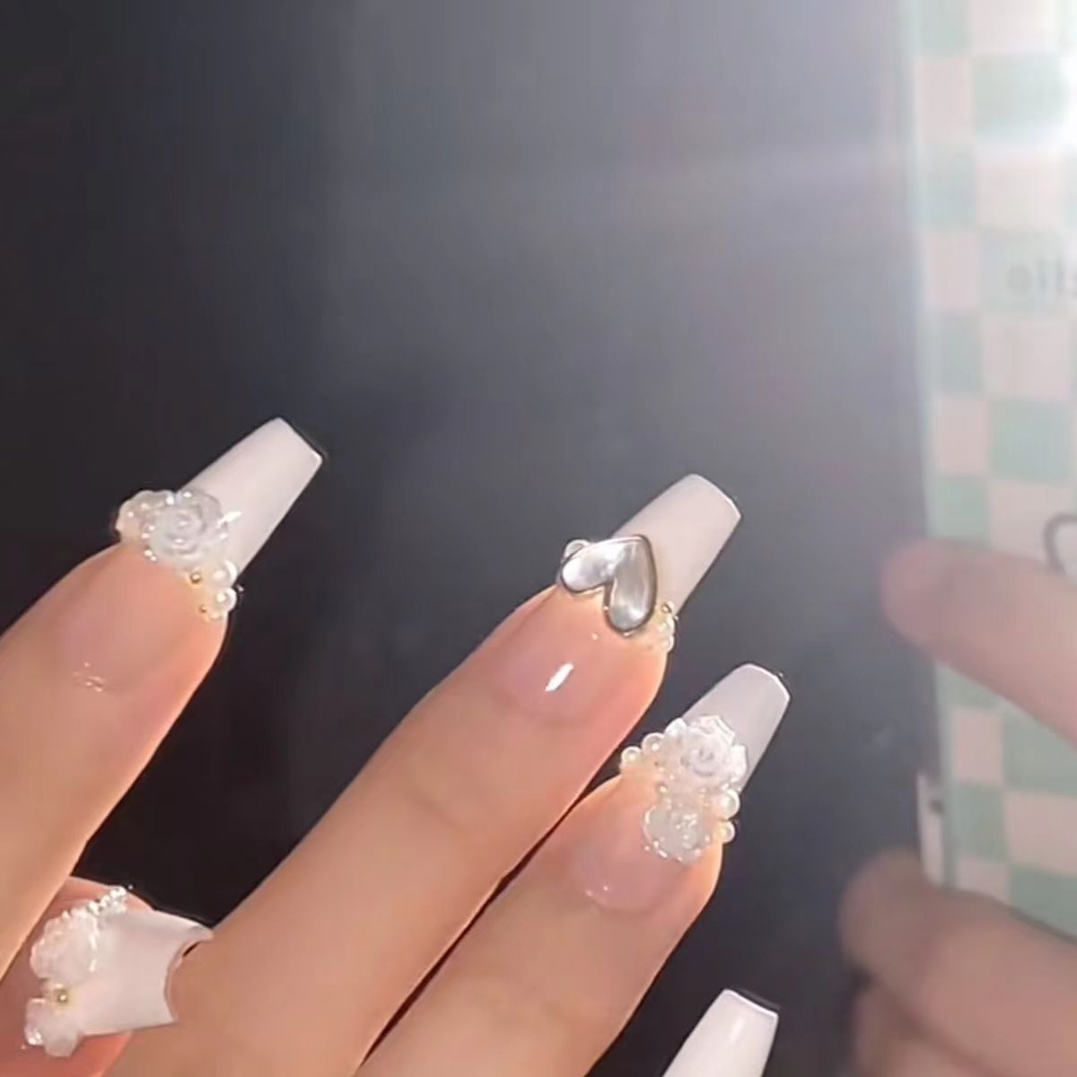 Designer: DuoDuo 1209.Handmade nails Press on Nails DIY Nail Art for woman girl French Long Coffin white