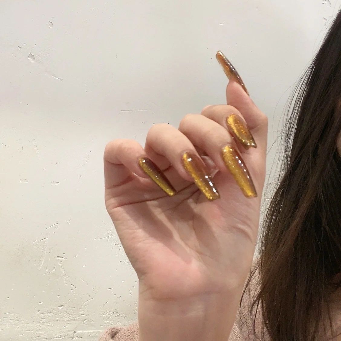 Designer: DuoDuo 5002.Handmade nails Press on Nails DIY Nail Art for woman girl Long Coffin gold Cat Eyes