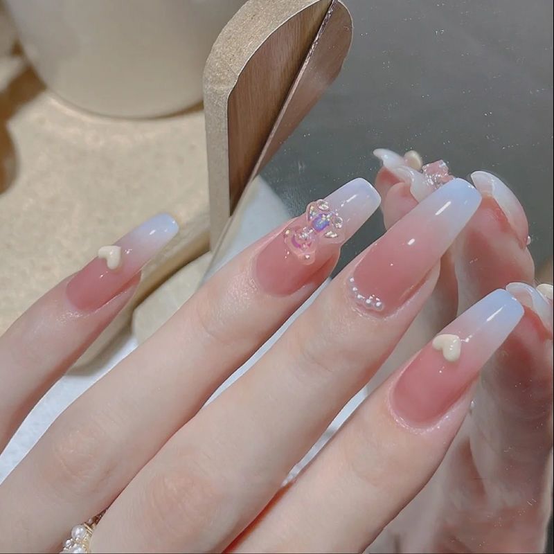 Designer: DuoDuo 1239.Handmade nails Press on Nails DIY Nail Art for woman girl French Long Coffin pink