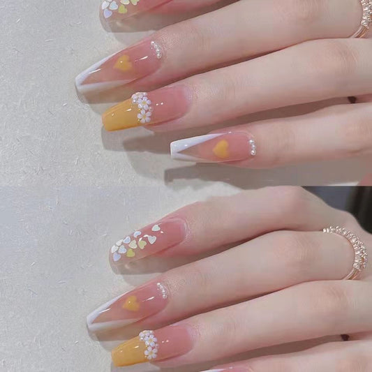 Designer: DuoDuo 1235.Handmade nails Press on Nails DIY Nail Art for woman girl French Long Coffin pink