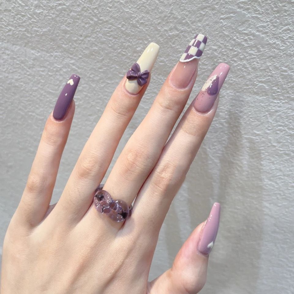 Designer: DuoDuo 1404.Handmade nails Press on Nails DIY Nail Art for woman girl Long Coffin purple