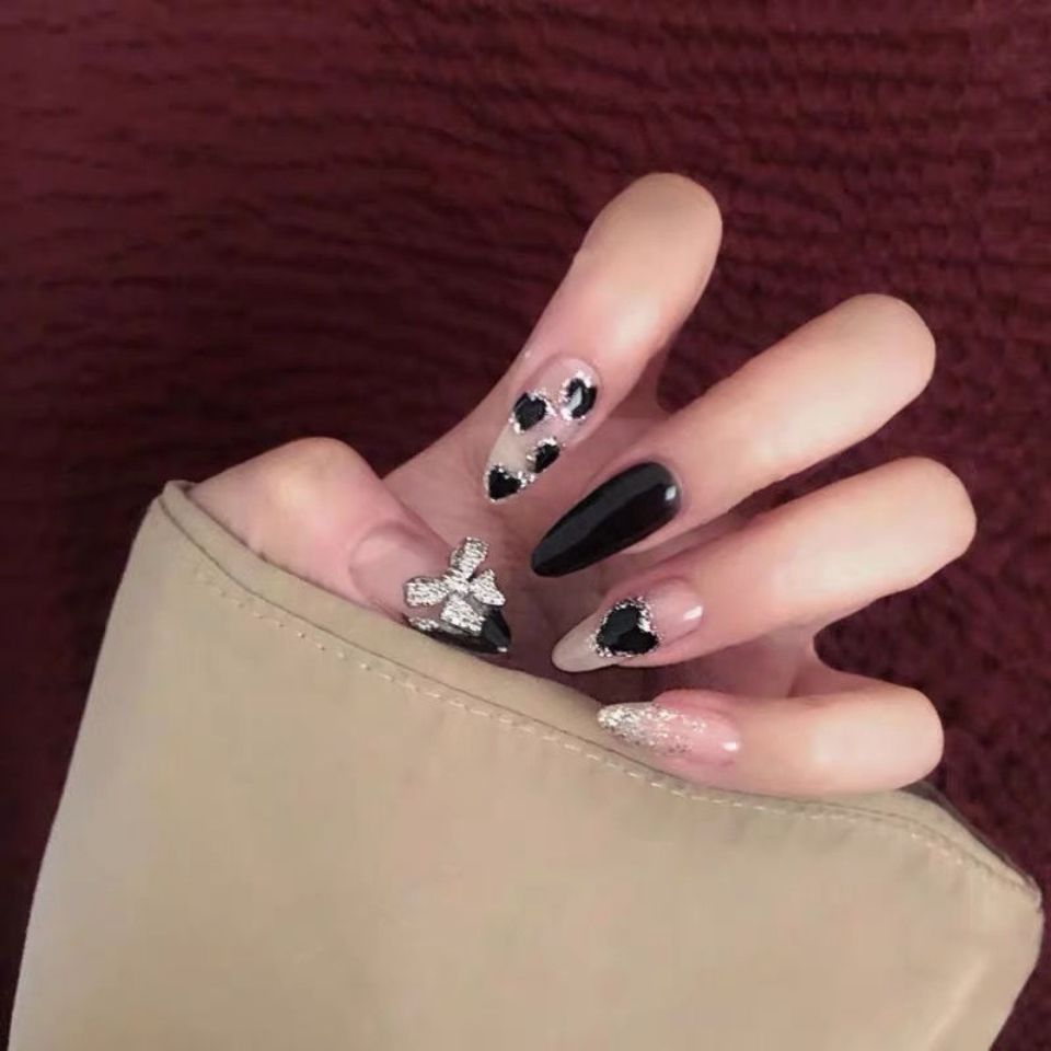 Designer: DuoDuo 1257.Handmade nails Press on Nails DIY Nail Art for woman girl Almond Long black pink