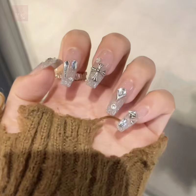 Designer: DuoDuo 1241.Handmade nails Press on Nails DIY Nail Art for woman girl Long Coffin silver rhinestone