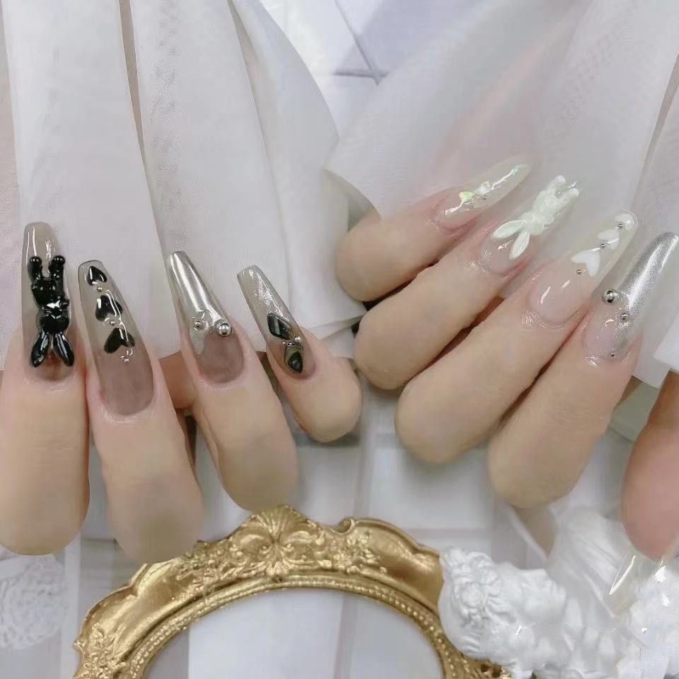 Designer: DuoDuo 2028.Handmade nails Press on Nails DIY Nail Art for woman girl Long Coffin black white