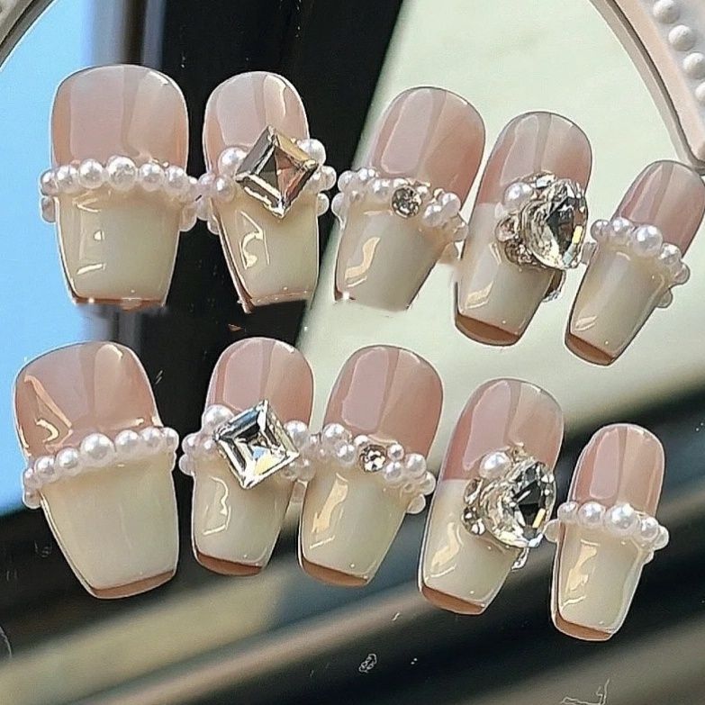 Designer: PinPin 1245.Handmade nails Press on Nails DIY Nail Art for woman girl French Long Coffin pink