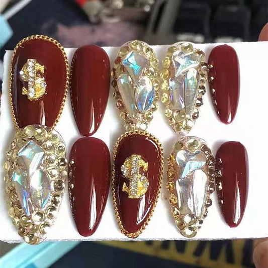 Designer: PinPin 1222.Handmade nails Press on Nails DIY Nail Art for woman girl Short rhinestone Almond