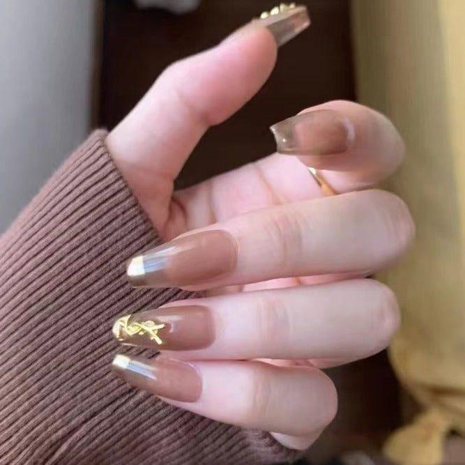 Designer: DuoDuo 2039.Handmade nails Press on Nails DIY Nail Art for woman girl Long Coffin gold