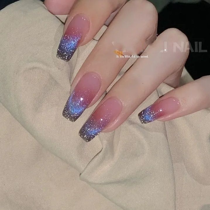 Designer: DuoDuo 1208.Handmade nails Press on Nails DIY Nail Art for woman girl French cat eye Shining Long Coffin pink