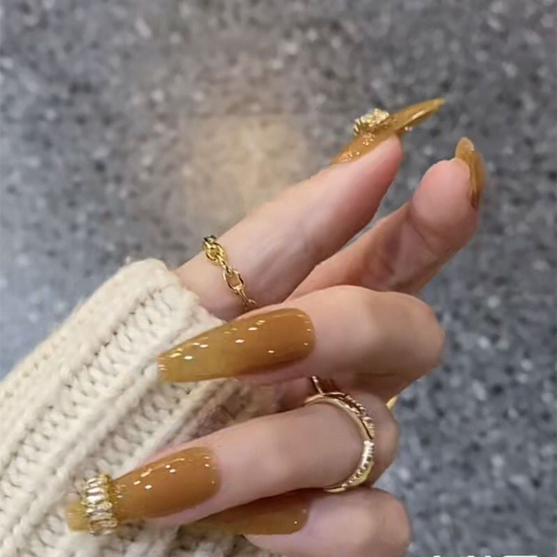 Designer: DuoDuo 1117.Handmade nails Press on Nails DIY Nail Art for woman girl Long Coffin yellow rhinestone