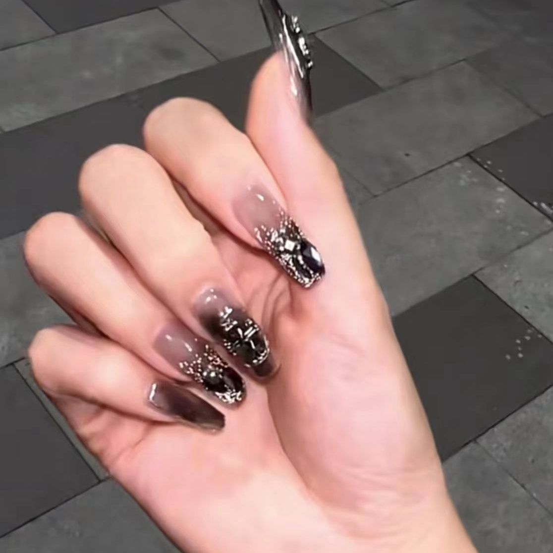 Designer: DuoDuo 2043.Handmade nails Press on Nails DIY Nail Art for woman girl Long Coffin black