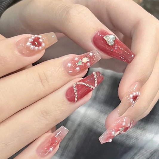 Designer: DuoDuo 2056.Handmade nails Press on Nails DIY Nail Art for woman girl Long Coffin pink