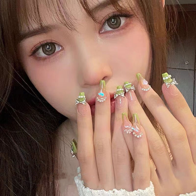 Designer: DuoDuo 1123.Handmade nails Press on Nails DIY Nail Art for woman girl French Long Coffin pink green