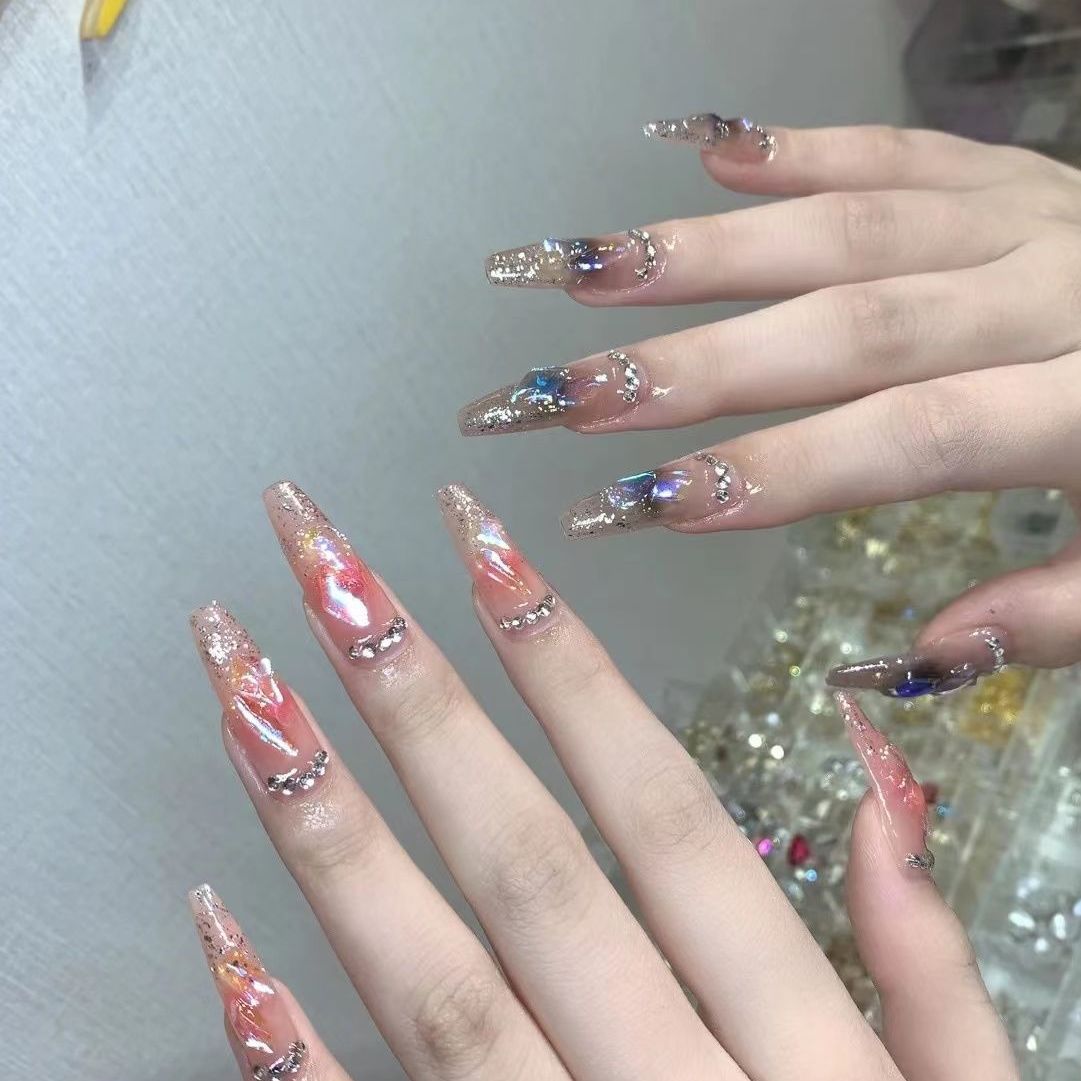 Designer: DuoDuo 1102.Handmade nails Press on Nails DIY Nail Art for woman girl French Cat Eyes Long Coffin wedding