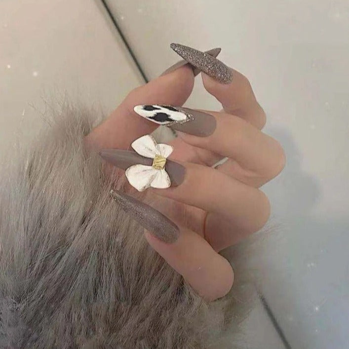 Designer: DuoDuo 2020.Handmade nails Press on Nails DIY Nail Art for woman girl Almond Long brown