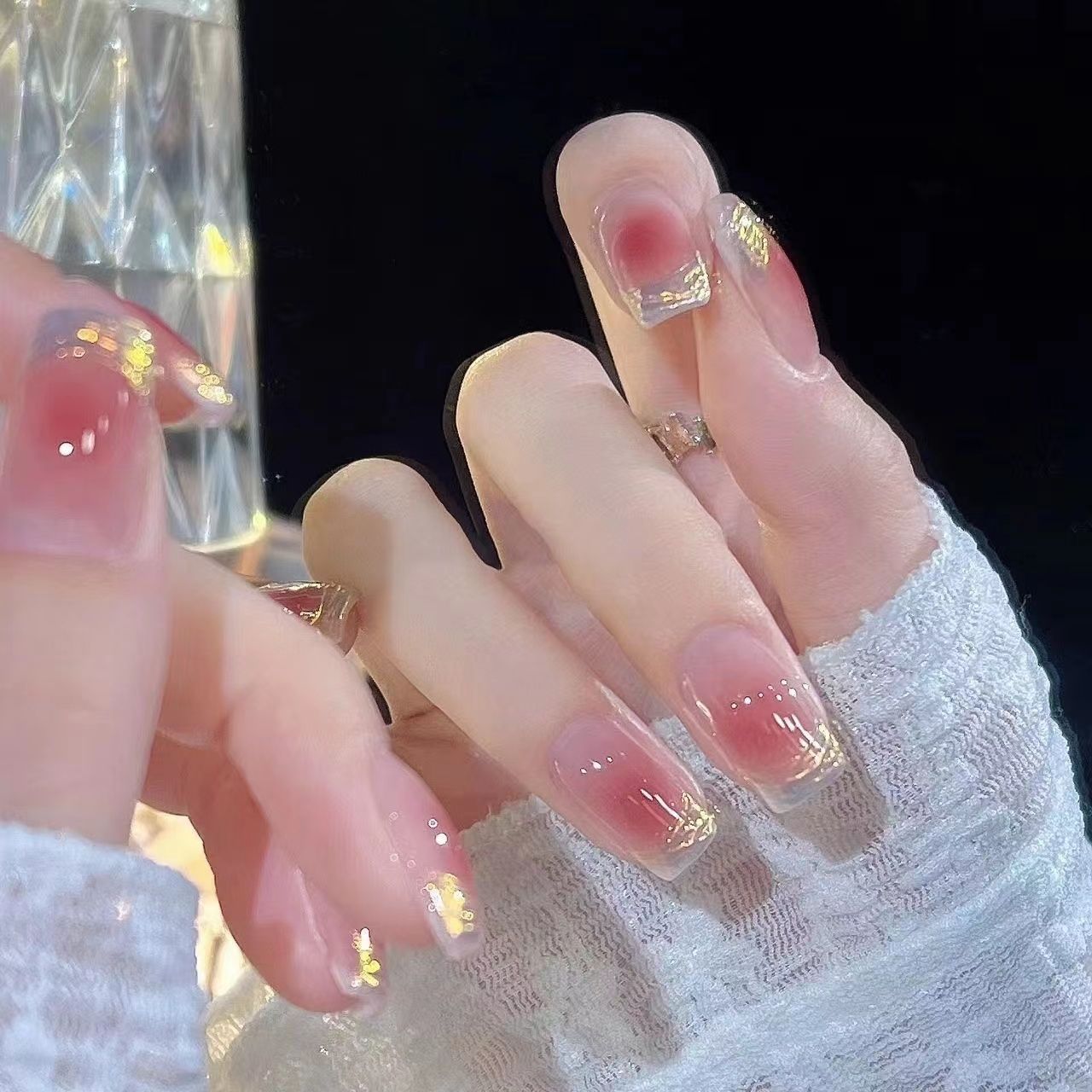 Designer: DuoDuo 1310.Handmade nails Press on Nails DIY Nail Art for woman girl French Short Coffin pink