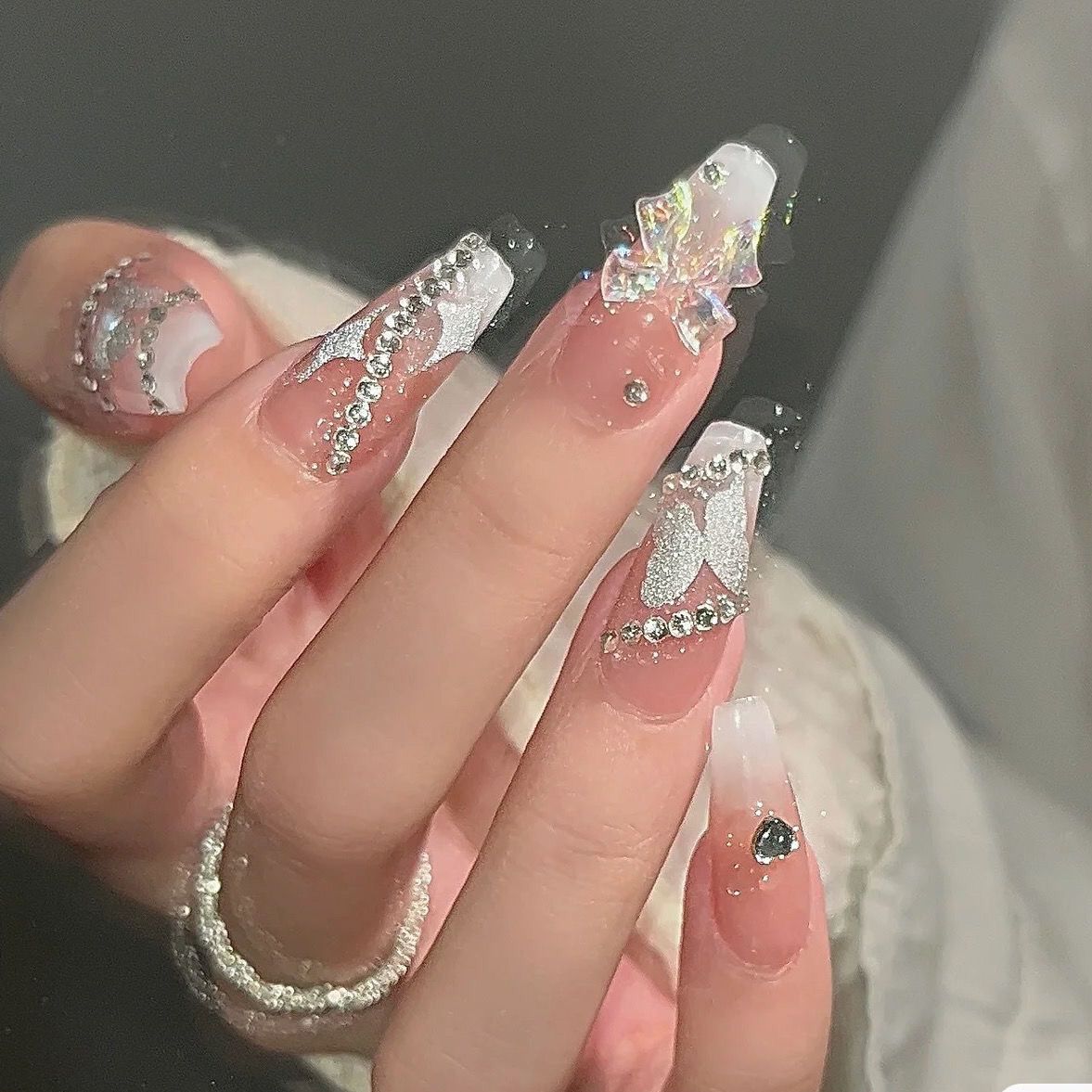 Designer: DuoDuo 1112.Handmade nails Press on Nails DIY Nail Art for woman girl Long Coffin pink wedding rhinestone