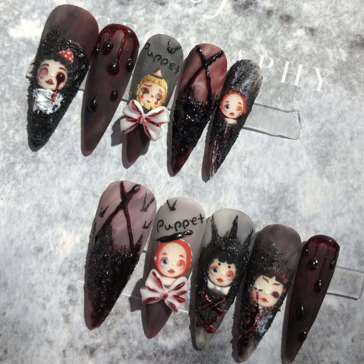 Designer: PinPin 1006.Handmade nails Press on Nails DIY Nail Art for woman girl  Almond Long brown Cartoon