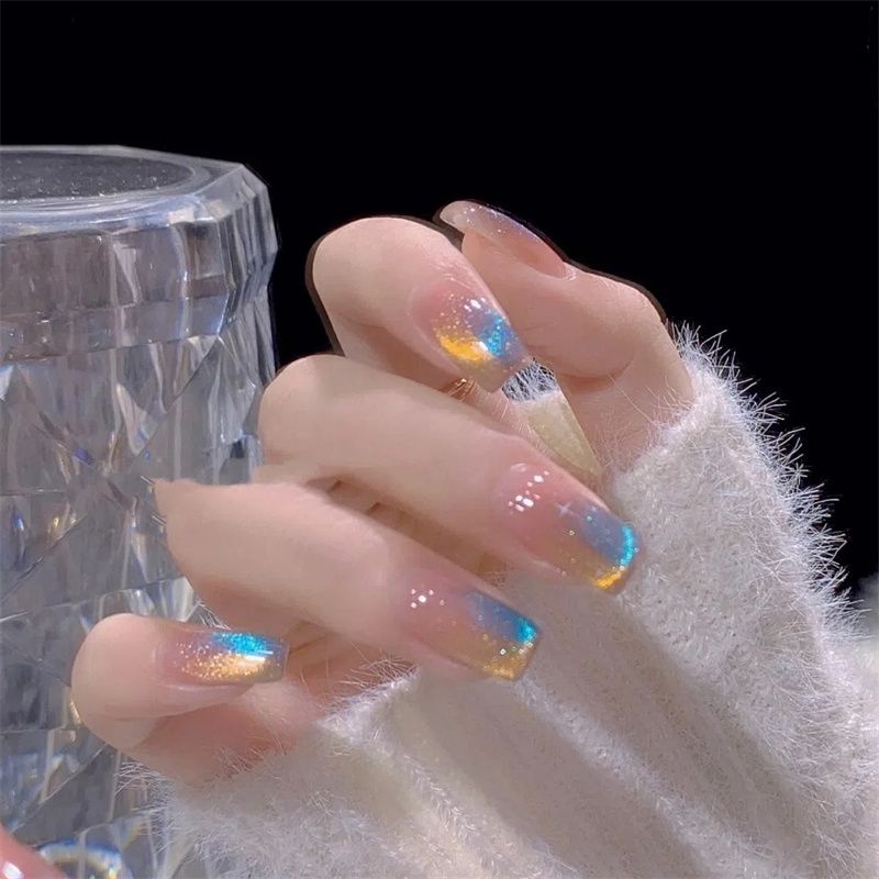 Designer: DuoDuo 1201.Handmade nails Press on Nails DIY Nail Art for woman girl French Cat Eyes Long Coffin pink colorful