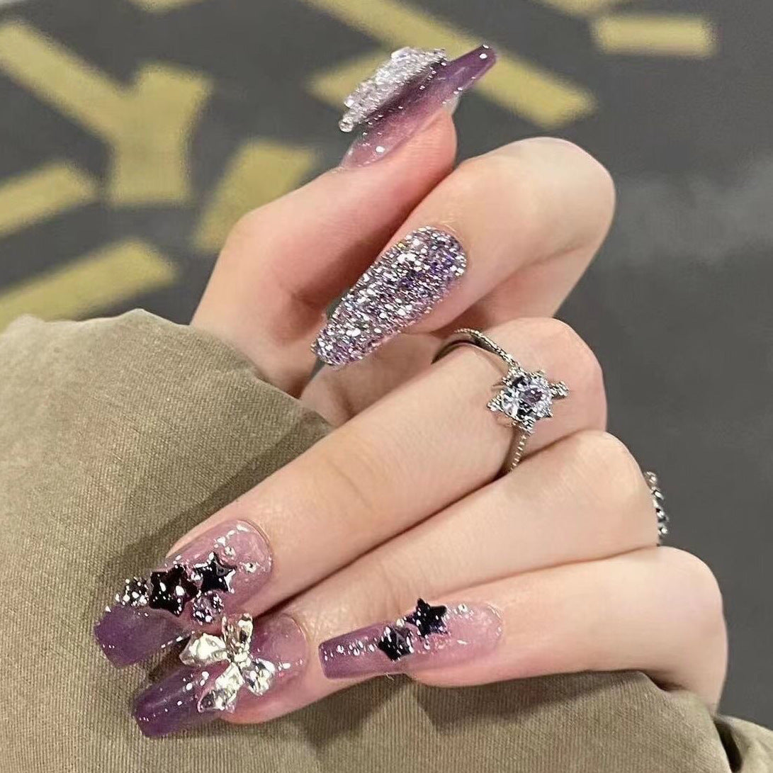 Designer: DuoDuo 1100.Handmade nails Press on Nails DIY Nail Art for woman girl Long Coffin purple wedding