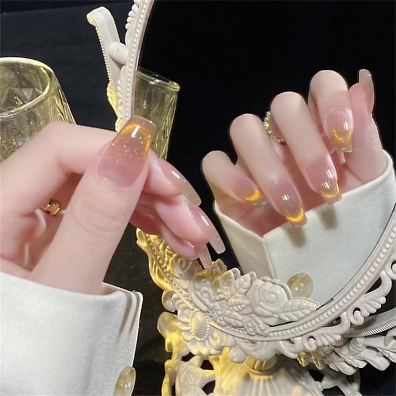 Designer: DuoDuo 1203.Handmade nails Press on Nails DIY Nail Art for woman girl French Cat Eyes Long Coffin yellow