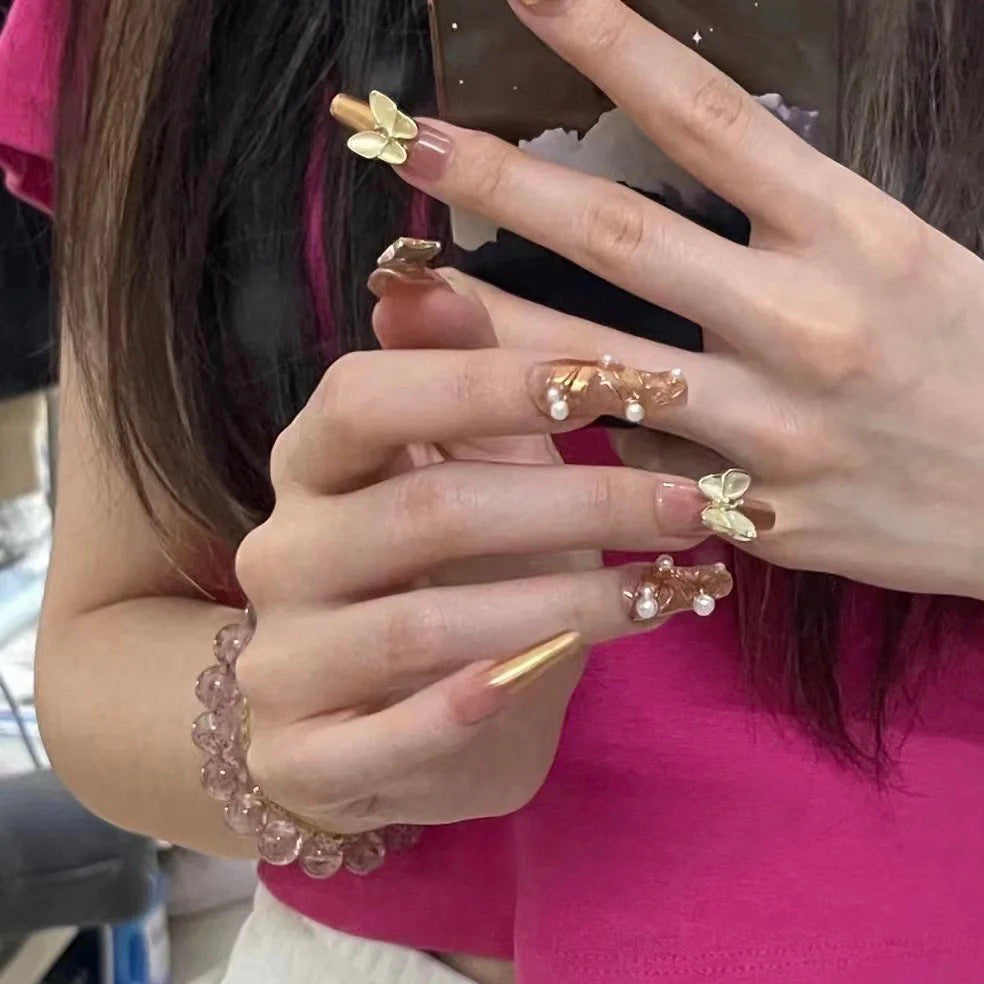 Designer: DuoDuo 2003.Handmade nails Press on Nails DIY Nail Art for woman girl Long Coffin gold