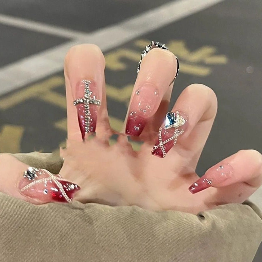 Designer: DuoDuo 3007.Handmade nails Press on Nails DIY Nail Art for woman girl French Long Coffin red