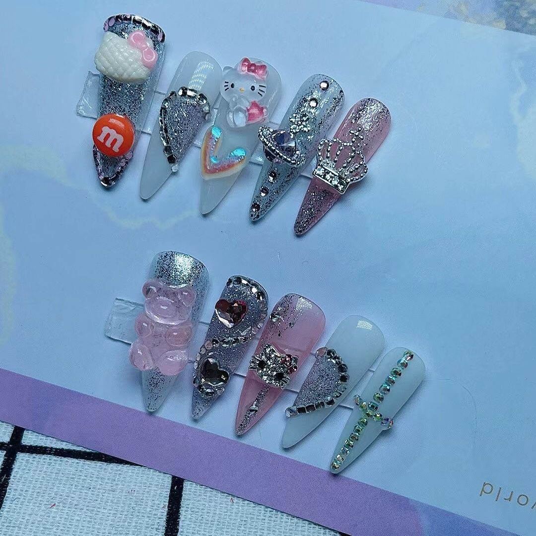 Designer: PinPin 1011.Handmade nails Press on Nails DIY Nail Art for woman girl Almond Long Cartoon