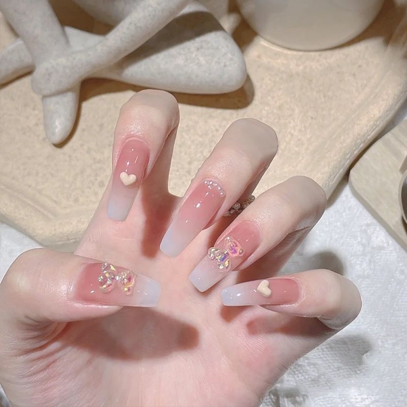 Designer: DuoDuo 1239.Handmade nails Press on Nails DIY Nail Art for woman girl French Long Coffin pink