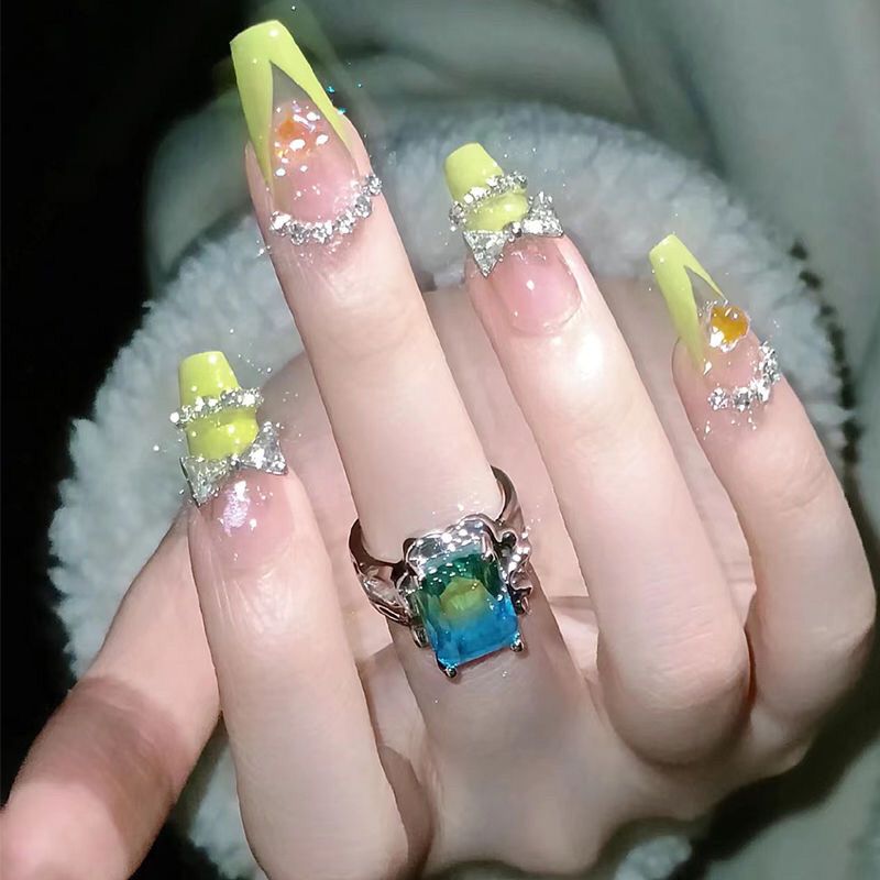 Designer: DuoDuo 1123.Handmade nails Press on Nails DIY Nail Art for woman girl French Long Coffin pink green