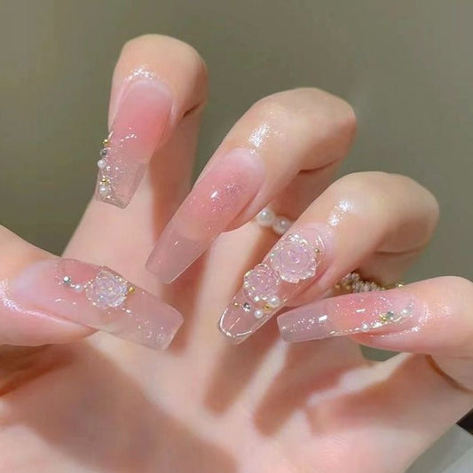 Designer: DuoDuo 1219.Handmade nails Press on Nails DIY Nail Art for woman girl Long Coffin pink wedding