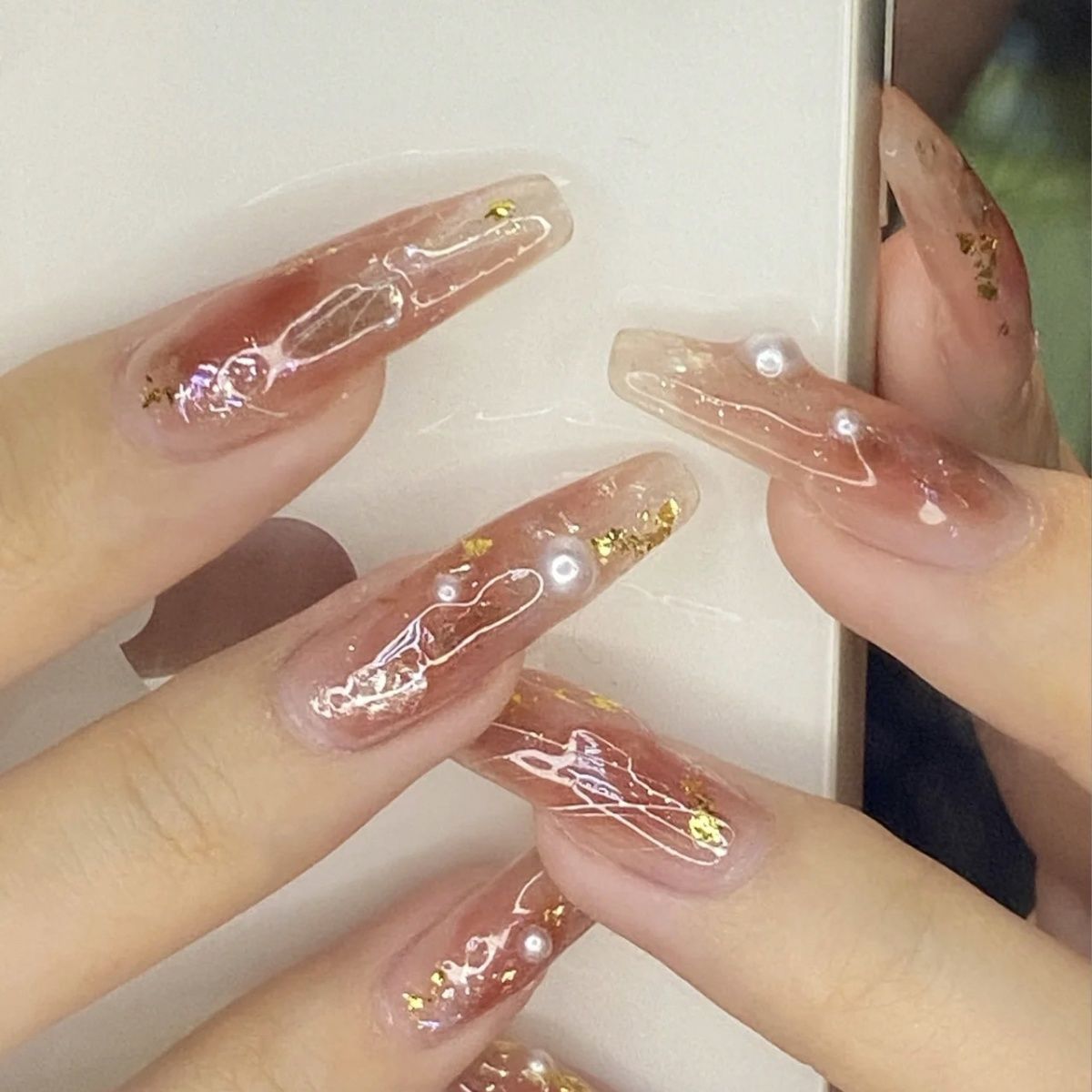 Designer: DuoDuo 2005.Handmade nails Press on Nails DIY Nail Art for woman girl Long Coffin pink wedding