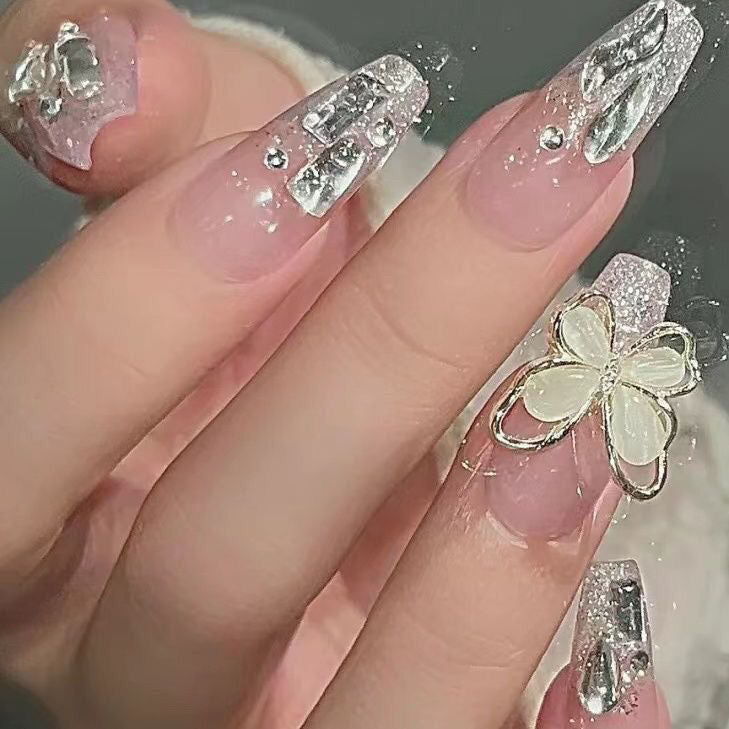 Designer: DuoDuo 1114.Handmade nails Press on Nails DIY Nail Art for woman girl French Long Coffin pink silver rhinestone