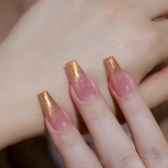 Designer: DuoDuo 1204.Handmade nails Press on Nails DIY Nail Art for woman girl French Cat Eyes Long Coffin gold pink