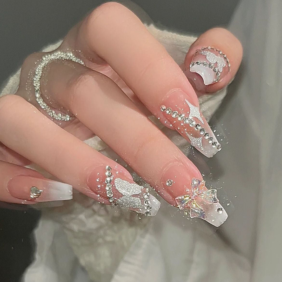 Designer: DuoDuo 1112.Handmade nails Press on Nails DIY Nail Art for woman girl Long Coffin pink wedding rhinestone