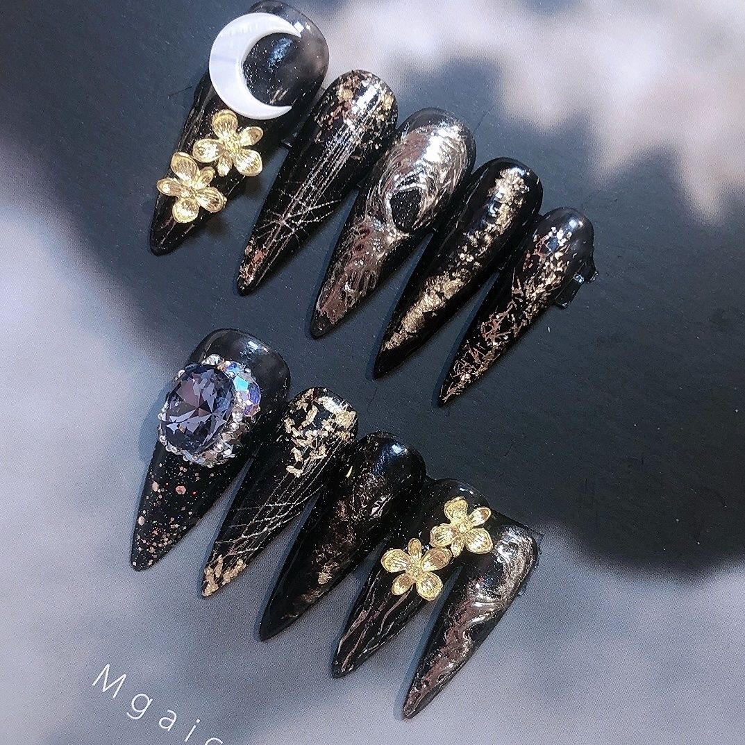 Designer: PinPin 1017.Handmade nails Press on Nails DIY Nail Art for woman girl Almond Long black