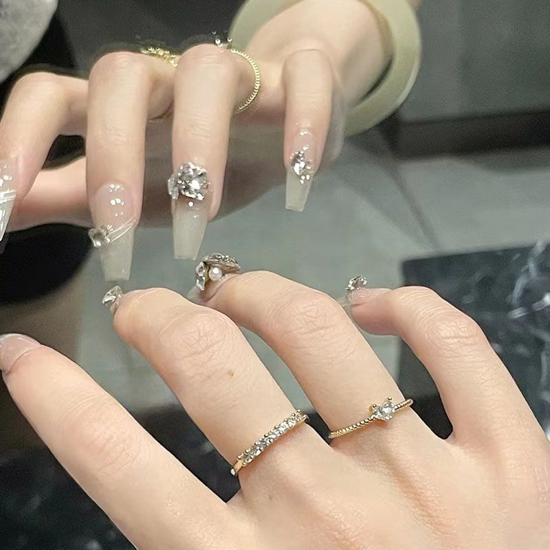 Designer: DuoDuo 1303.Handmade nails Press on Nails DIY Nail Art for woman girl Long Coffin white rhinestone