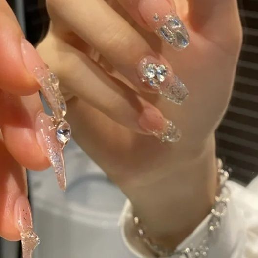 Designer: DuoDuo 3009.Handmade nails Press on Nails DIY Nail Art for woman girl French rhinestone Long Coffin pink