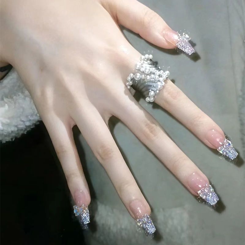 Designer: DuoDuo 1210.Handmade nails Press on Nails DIY Nail Art for woman girl French Shining Long Coffin pink