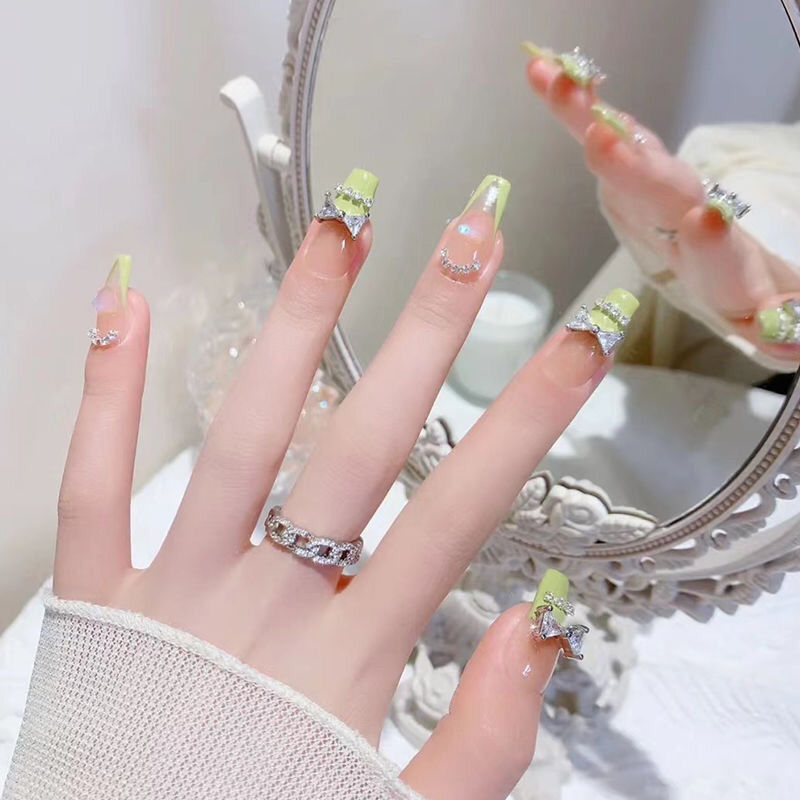 Designer: DuoDuo 1123.Handmade nails Press on Nails DIY Nail Art for woman girl French Long Coffin pink green